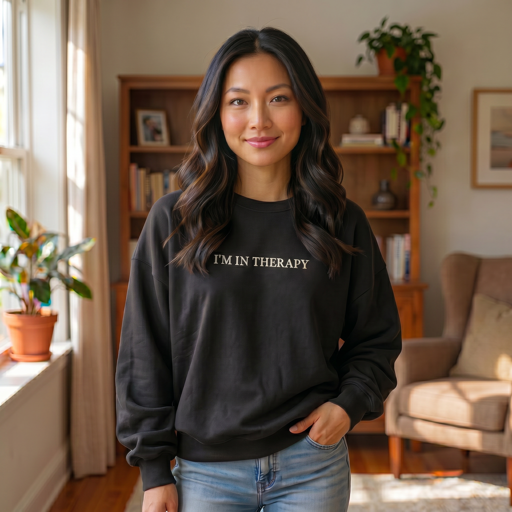 I'm In Therapy Minimalistic Oversized Sweatshirt | White on Black