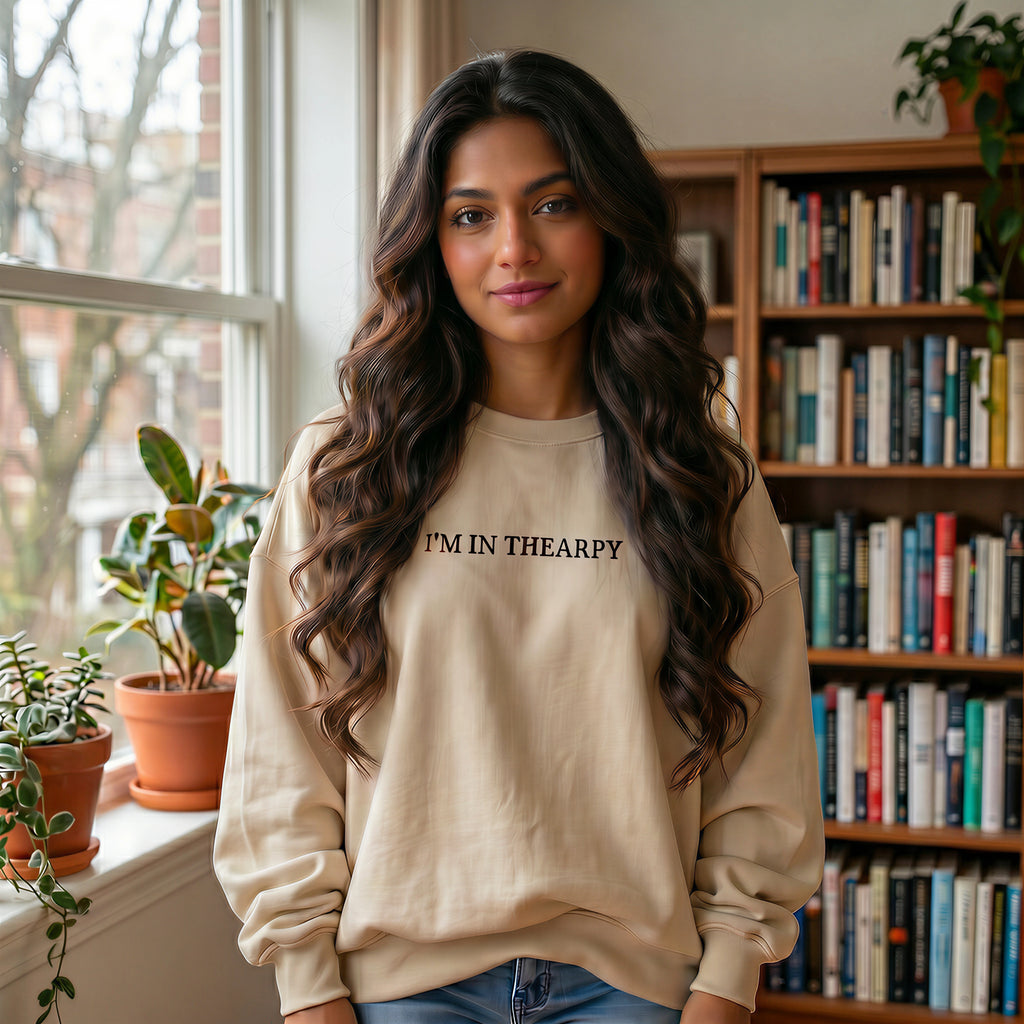 I'm In Therapy Minimalistic Oversized Sweatshirt | Black on Tan